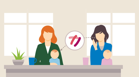 Twee moeders met baby's. Één van de moeders is besmet met kinkhoest en hoest.